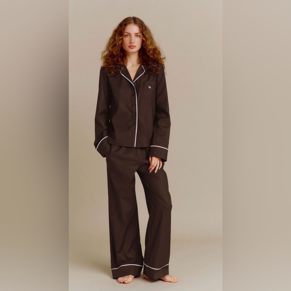 Reformation Brown Pajama Set with pink Trim